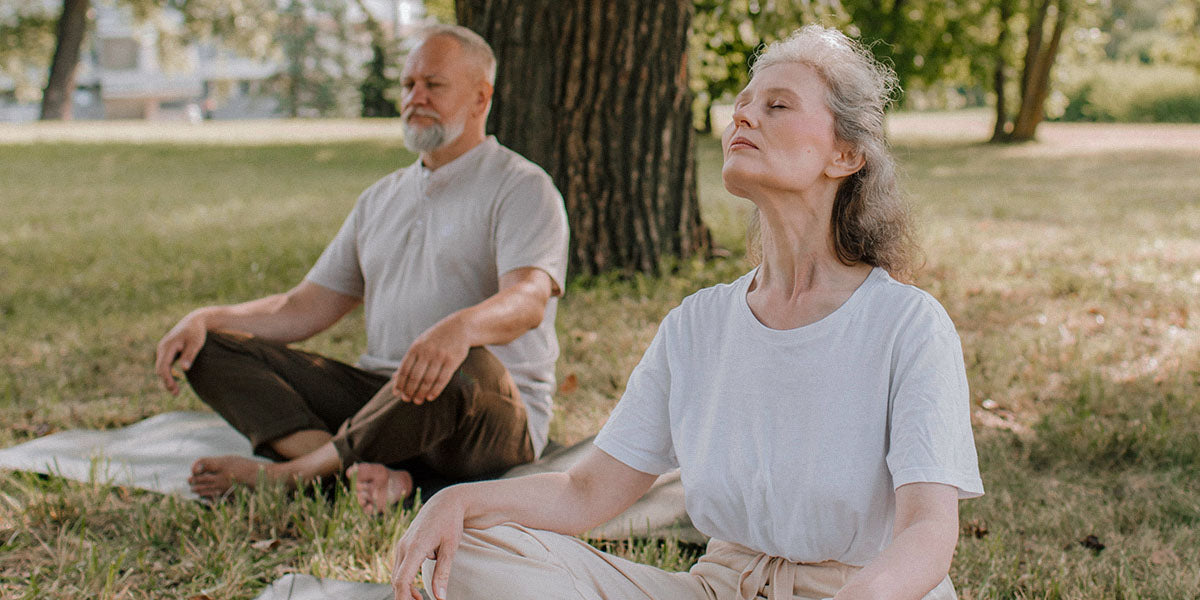 an elderly woman and an elderly man, meditating in the park